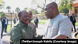 Le président nouveau Félix Tshisekedi, à droite, salue son prédécesseur Joseph Kabila à la Cité de l'Union africaine, Kinshasa, 17 février 2019. (Twitter/Joseph Kabila)