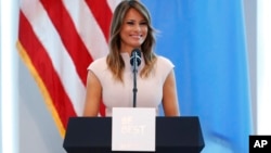 Melania Trump donne un discours lors d'une réception aux Nations unies, New York, le 26 septembre 2018.