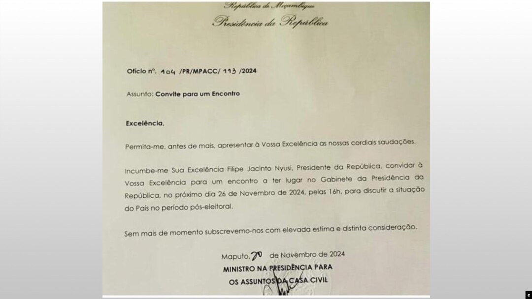 Parte da carta Presidência com convite de Filipe Nyusi para encontro com candidatos presidenciais