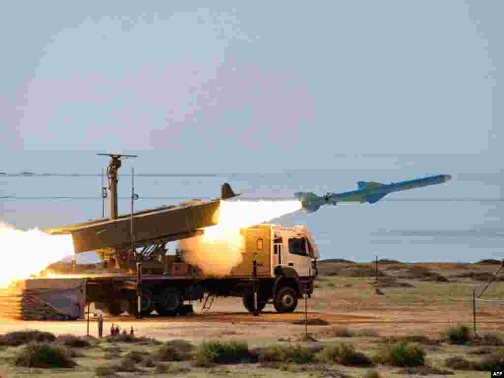 In this picture released by Iranian Students News Agency, ISNA, on January 2, 2012, a Ghader missile is launched at the shore of the Sea of Oman during an Iranian navy drill. (AP)