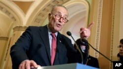 FILE - Senate Minority Leader Chuck Schumer, D-N.Y., speaks with reporters at the Capitol in Washington, March, 14, 2017. 