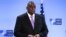 FILE - Secretary of Defense Lloyd Austin at NATO headquarters in Brussels. The AP has learned that a Pentagon panel is recommending that decisions to prosecute service members for sexual assault be made by independent authorities, not commanders.