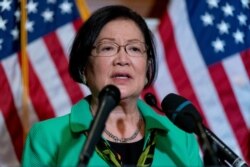 FILE - Sen. Mazie Hirono, D-Hawaii, speaks at a news conference on Capitol Hill, April 22, 2021.