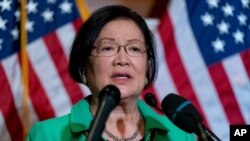 Sen. Mazie Hirono, D-Hawaii, speaks at a news conference after the Senate passes a COVID-19 Hate Crimes Act on Capitol Hill, April 22, 2021, in Washington.