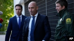 FILE - The former president of Spain's soccer federation Luis Rubiales arrives at the National Court in Madrid, Spain, Monday, April 29, 2024. Rubiales will testify on Monday as a defendant for alleged corruption during his time at the head of the organization.