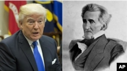 From left, President Donald Trump, the 45th president of the United States, President Andrew Jackson, the seventh president of the United States.