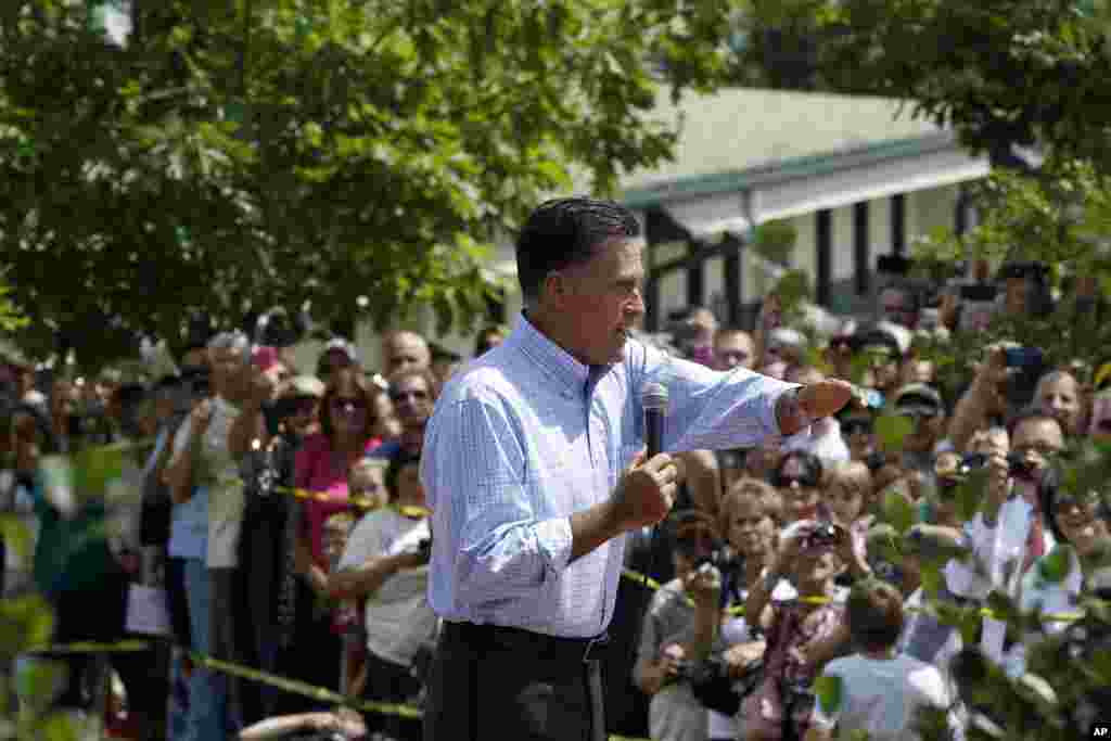 Republican presidential candidate, former Massachusetts Gov. Mitt Romney addresses an overflow crowd at the Jefferson County Fairgrounds in Golden, Colorado, Aug. 2, 2012.