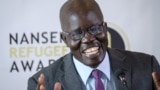 South Sudanese surgeon Evan Atar Adaha speaks during a press conference in the Kenyan capital Nairobi, Sept. 25, 2018, after being named the recipient of the UNHCR’s 2018 Nansen Refugee Award.