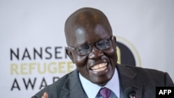 South Sudanese surgeon Evan Atar Adaha speaks during a press conference in the Kenyan capital Nairobi, Sept. 25, 2018, after being presented the UNHCR’s 2018 Nansen Refugee Award.