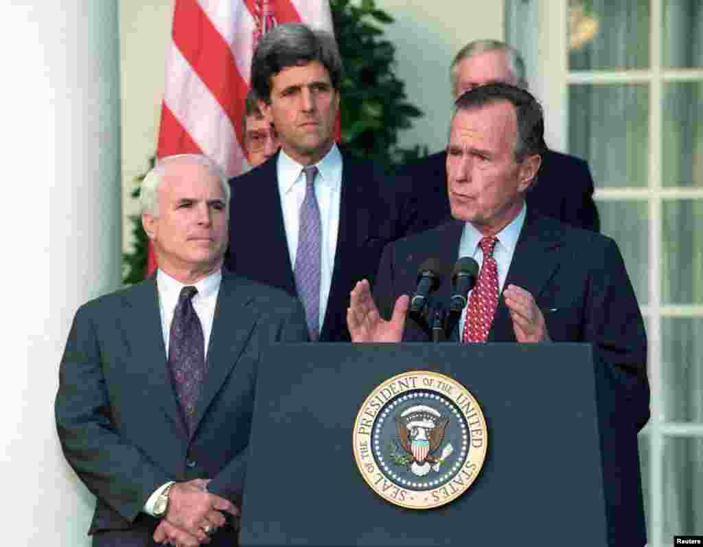 President George Bush addresses reporters at the White House, Oct. 23, on the release of documents by Hanoi on Americans missing in Southeast Asia.