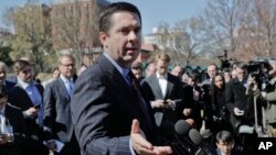 House Intelligence Committee Chairman Rep. Devin Nunes, R-Calif, speaks with reporters outside the White House in Washington, March 22, 2017, following a meeting with President Donald Trump. 