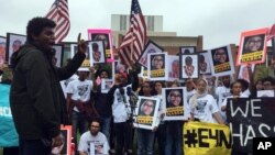 FILE - About 200 friends and supporters of Nabra Hassanen rallied at the Fairfax County Courthouse in Virginia, Oct. 13, 2017.