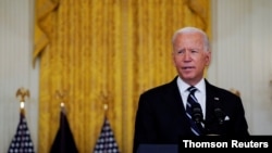 조 바이든 미국 대통령이 18일 백악관에서 연설하고 있다. 
