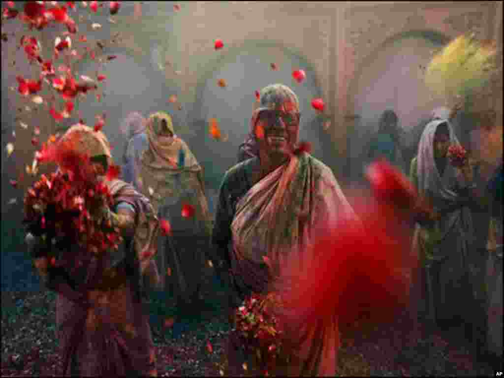 ہندووں کے تہوار ہولی پر بیوہ ہندو خواتین رنگوں میں نہائی ہوئی ہیں۔