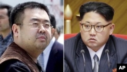 북한 김정은 북한 국무위원장(오른쪽)과 최근 피살된 김정은의 이복형 김정남. (자료사진)