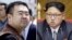 FILE - This combination of file photos shows Kim Jong Nam, left, exiled half-brother of North Korea's leader Kim Jong Un, in Narita, Japan, on May 4, 2001, and North Korean leader Kim Jong Un on May 9, 2016, in Pyongyang, North Korea.