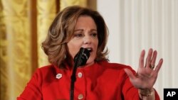 FILE - Deputy National Security Adviser K.T. McFarland speaks at the Women's Empowerment Panel, at the White House in Washington, March 29, 2017. Reportedly leaving President Donald Trump's national security staff, she is said to be in line to be the next U.S. ambassador to Singapore.