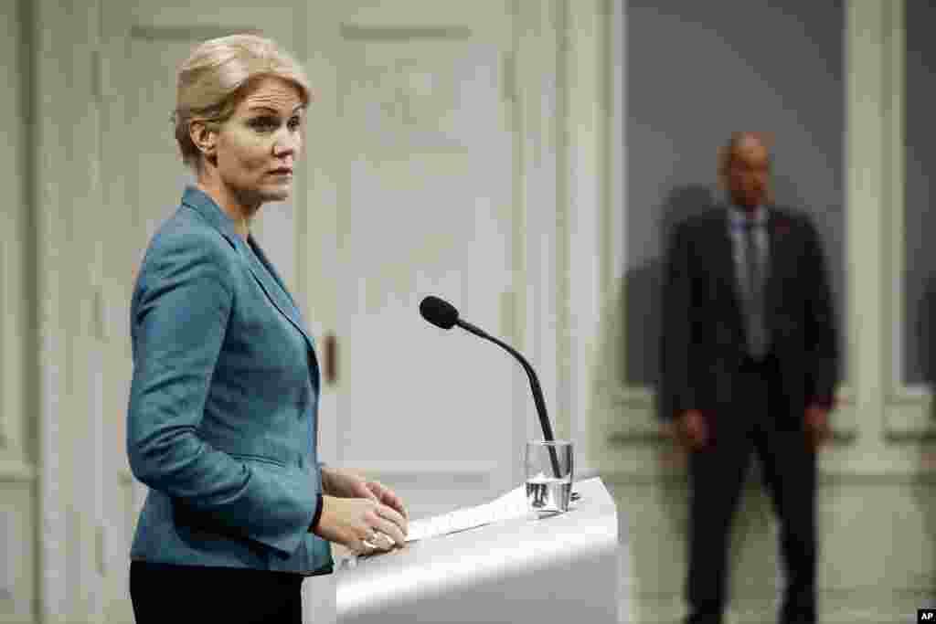 Danish Prime Minister Helle Thorning-Schmidt announcing at a news conference that Denmark's contribution to the fight against the Islamist State rebel group will consist of seven F16 fighter aircraft from the Danish Air Force, Sept. 26. 2014.