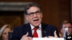 Energy Secretary-designate, former Texas Gov. Rick Perry, testifies on Capitol Hill in Washington, Thursday, Jan. 19, 2017, at his confirmation hearing before the Senate Energy and Natural Resources Committee.