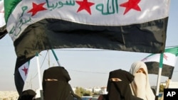 Syrian protesters hold a Syrian flag during a demonstration against President Bashar Al-Assad in front of the Syrian embassy in Amman. The words on the flag read: "God, Syria, just Freedom," July 21, 2011