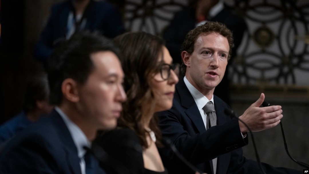 Meta CEO Mark Zuckerberg, right, with fellow witnesses, from left, TikTok CEO Shou Zi Chew and X CEO Linda Yaccarino, testifies before a Senate Judiciary Committee hearing on Capitol Hill in Washington, Jan. 31, 2024, to discuss child safety online.
