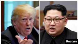 FILE - A combination photo shows U.S. President Donald Trump (L) in Washignton, May 17, 2018, and North Korean leader Kim Jong Un in Panmunjom, South Korea, April 27, 2018.