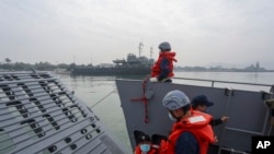 FILE - Navy soldiers stand on a landing craft during a military drill in Kaohsiung City, Taiwan on Thursday, Jan. 12, 2023.