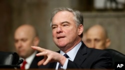 FILE -- Senate Armed Services Committee member Sen. Tim Kaine said Tuesday he has at least 51 votes to support a bipartisan resolution asserting President Donald Trump must seek approval from Congress to engage in further military action against Iran.