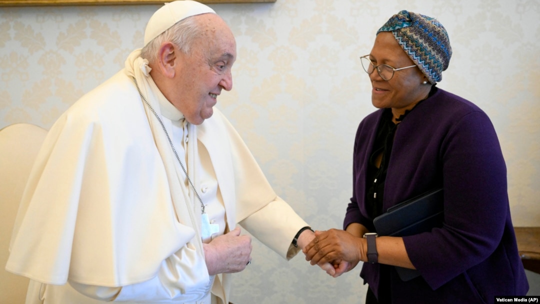 Pope Francis wears a sling on his right arm after falling earlier in the day, at The Vatican, Jan. 16, 2025. 