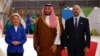 European Commission President Ursula von der Leyen, left, and European Council President Charles Michel, right, greet Saudi Crown Prince Mohammed bin Salman at the joint European Union and Gulf Cooperation Council summit in Brussels, Belgium, on Oct. 16, 2024.