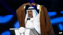 FILE - Then Olympic Council of Asia president Sheikh Ahmad al-Fahad al-Sabah gestures as he addresses the closing ceremony for the 18th Asian Games in Jakarta, Indonesia, Sept. 2, 2018. 
