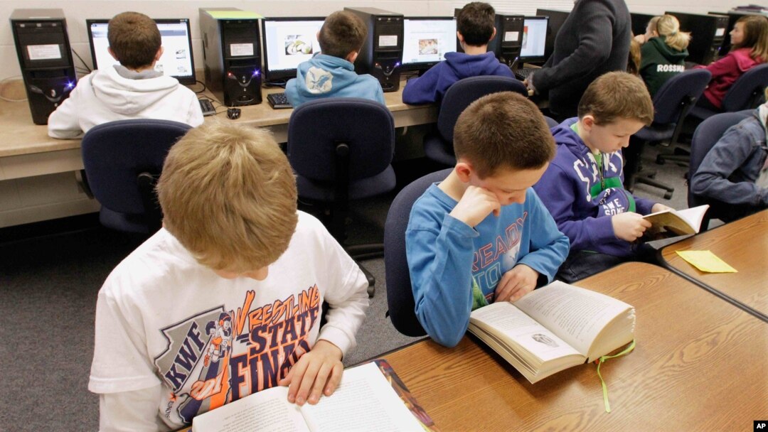 Anak-anak membaca di perpustakaan Sekolah Dasar Dimmick di LaSalle, Illinois, AS. 
