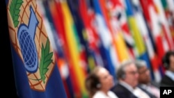 FILE - The logo of the Organization for the Prohibition of Chemical Weapons (OPCW) is seen during a special session in the Hague, Netherlands, June 26, 2018. 