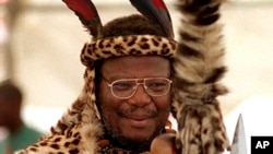 FILE — Controversial South African politician and traditional minister of South Africa's large Zulu ethnic group, Prince Mangosuthu Buthelezi, in traditional dress March 26, 2009.