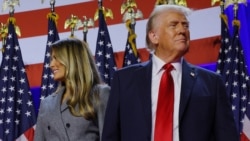 Republican presidential nominee former U.S. President Donald Trump is joined onstage by his wife Melania at his election night rally at the Palm Beach County Convention Center in West Palm Beach, Florida, U.S., Nov. 6, 2024.