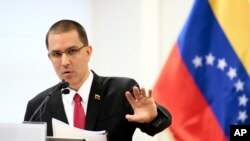 El canciller Jorge Arreaza durante una rueda de prensa celebrada el 13 de febrero de 2020.