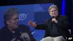 FILE - White House strategist Steve Bannon speaks during the Conservative Political Action Conference in Oxon Hill, Md., Feb. 23, 2017.