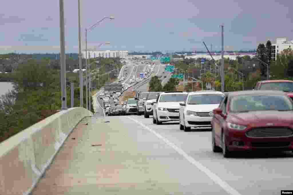 Heavy traffic begins to back up on Interstate 275 South as residents evacuate St. Petersburg, Florida, ahead of Hurricane Milton, Oct. 7, 2024. 