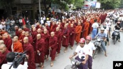 Buddhist monks stage a rally to protest against ethnic minority Rohingya Muslims, Mandalay, Burma, September 2, 2012.
