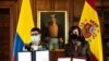 La ministra de Asuntos Exteriores de España, Arancha González Laya, y la canciller colombiana, Claudia Blum, suscribieron la nueva estrategia de cooperación entre los gobiernos de Colombia y España, el 26 de febrero de 2021. [Foto: Cortesía Cancillería]