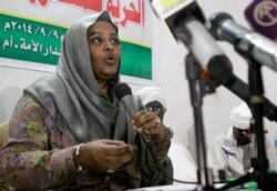 FILE - Mariam al-Mahdi, then-Sudanese deputy leader of the Umma Party, speaks during a press conference in the capital Khartoum, September 9, 2014.