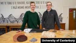 Ben Scales (left) and William Murrell (right) are two students at New Zealand’s University of Canterbury. They believe they can make skateboards and other sporting equipement even stronger by using fiber from plants. (University of Canterbury, FILE)