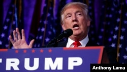 FILE - President-elect Donald Trump speaks during an election night rally in New York City, Nov. 9, 2016.