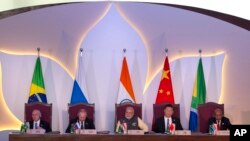 Leaders of BRICS nations, from left, Brazilian President Michel Temer, Russian President Vladimir Putin, Indian Prime Minister Narendra Modi, Chinese President Xi Jinping and South African President Jacob Zuma listen to the BRICS Business Council report d
