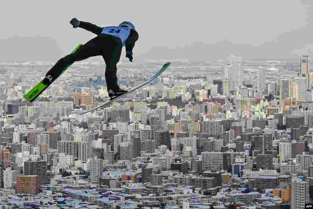 Danil Vassilyev of Kazakhstan takes part in a training run before the start of the qualifying round for the men&#39;s FIS Ski Jumping World Cup competition in Sapporo.