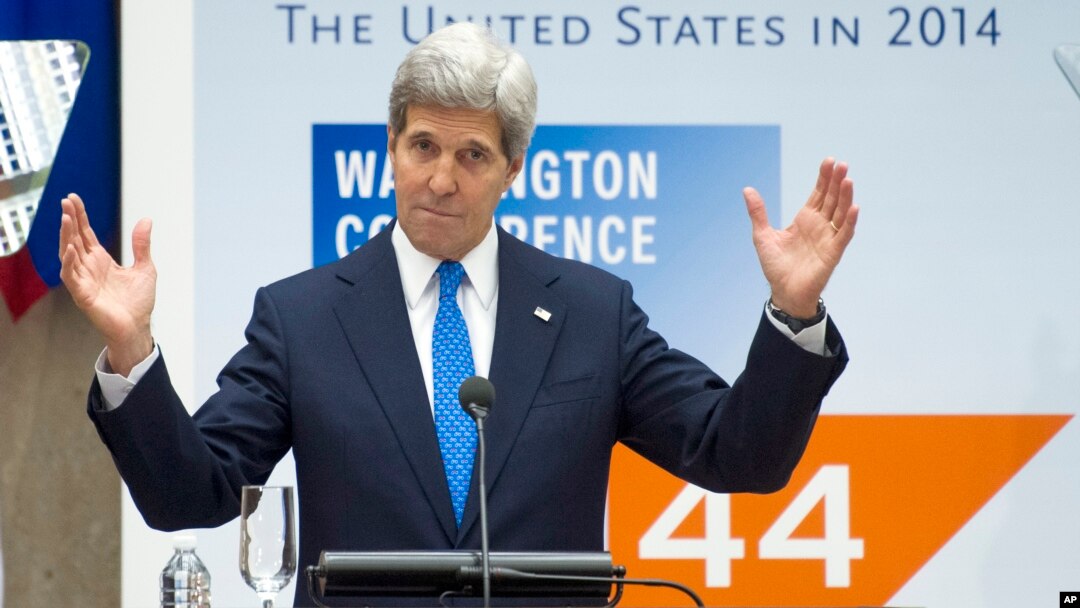 Secretary of State John Kerry addresses the Council of the Americas' 44th Conference of the Americas at the State Department in Washington, Wednesday, May 7, 2014. (AP Photo/Cliff Owen)