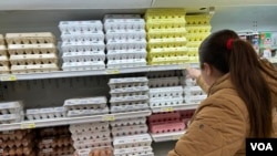 Una inmigrante revisa los precios de los huevos en un supermercado multiétnico en Alexandria, Virginia, se adjudica la subida a la mortandad de gallinas por gripe aviar. [Foto: Tomás Guevara, VOA]