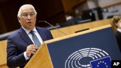 Portugal's Prime Minister Antonio Costa addresses European lawmakers during the signing ceremony to officially launch the Conference of the Future of Europe at the European Parliament in Brussels, Belgium, March 10, 2021.