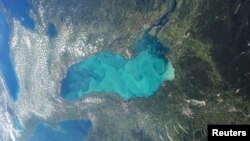 Late summer plankton blooms across much of Lake Ontario, one of North America's Great Lakes, in this photograph taken by an astronaut on the International Space Station courtesy of NASA.