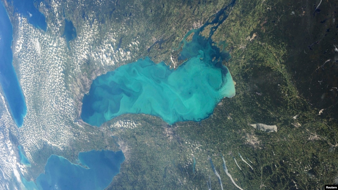 Danau Ontario di Amerika Utara, tempat tumbuhnya plankton-plankton musim panas, dilihat dari Stasiun Antariksa Internasional di NASA.